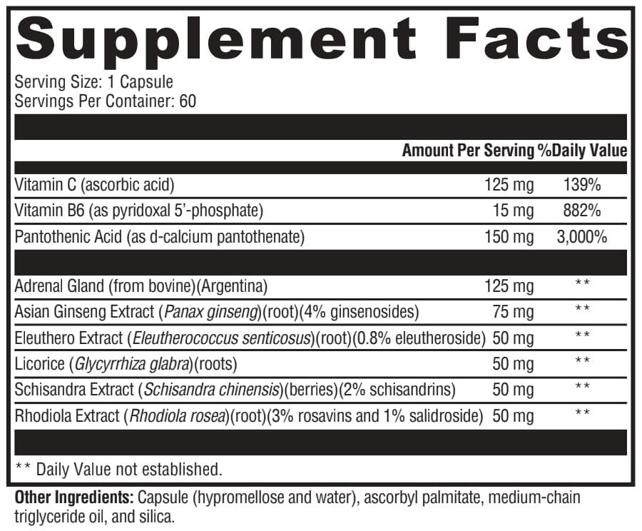 Supplement facts label with various vitamins and extracts listed