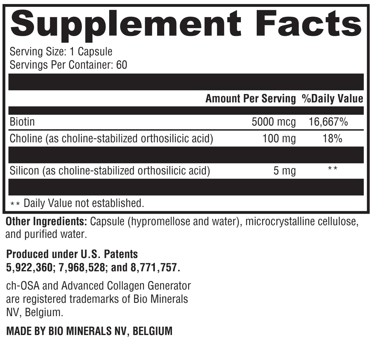 Supplement facts label with nutritional information and product details.