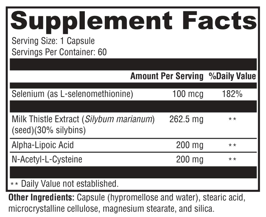 Supplement facts label with various nutrients and their amounts per serving.