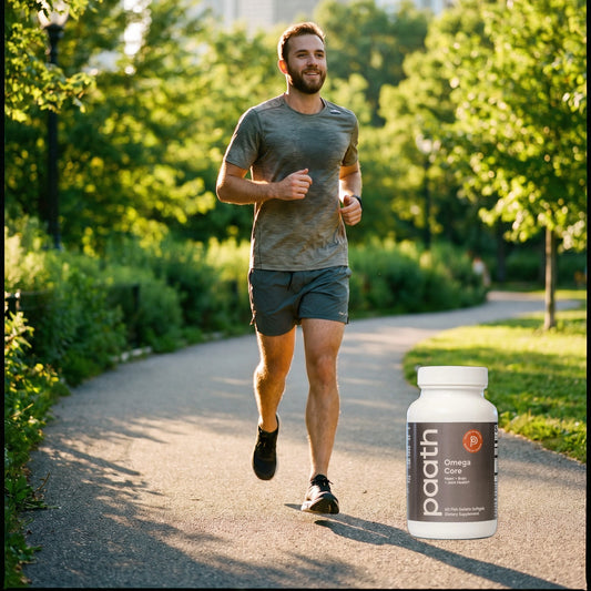 Man running on a tree-lined path beside Paath Omega Core