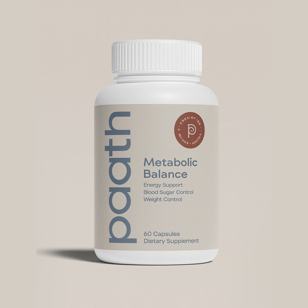 Supplement bottle labeled 'paath' for metabolic balance on a beige background