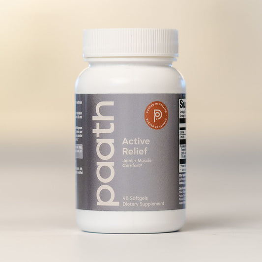 Supplement bottle labeled 'paath Active Relief' on a beige background