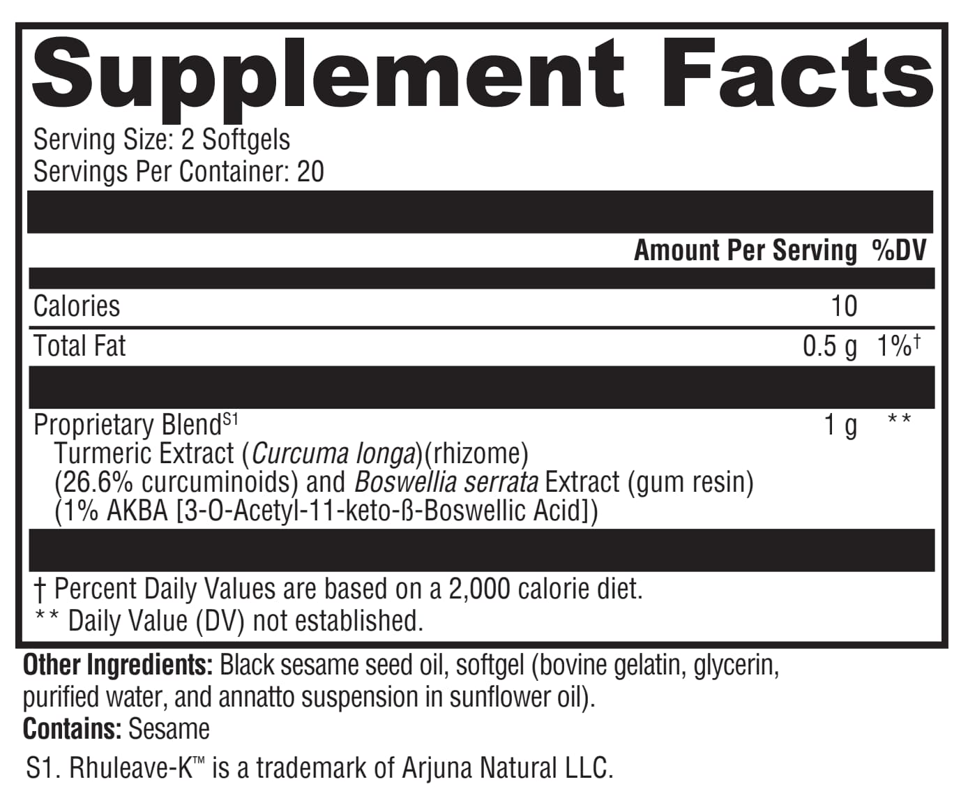Supplement facts label with black text on a white background