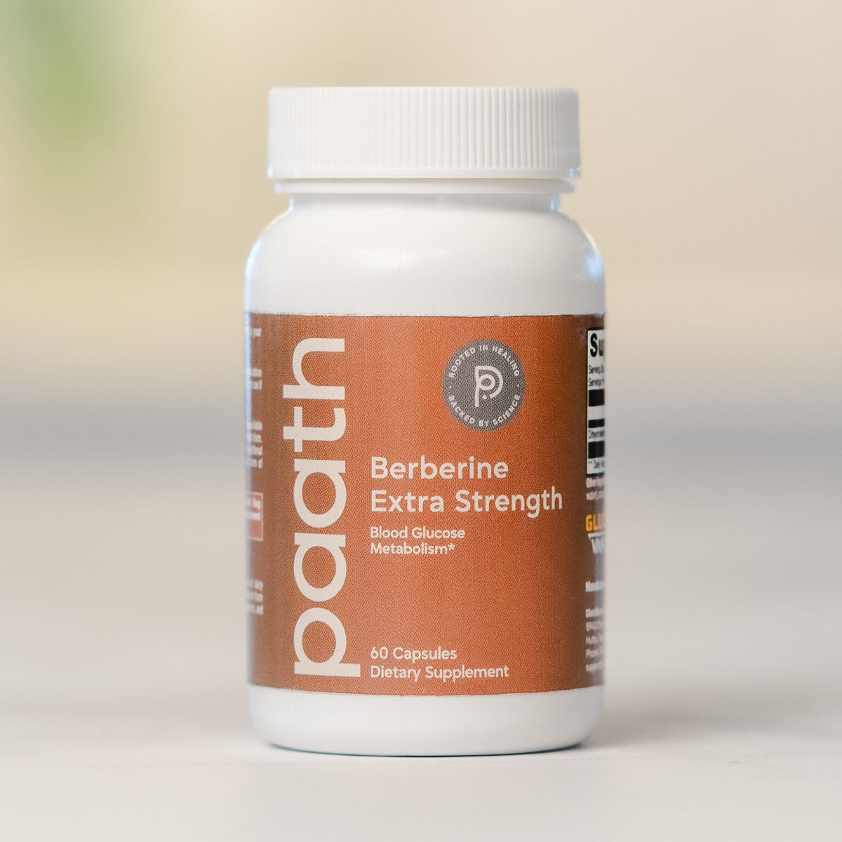 Supplement bottle labeled 'paath Berberine Extra Strength' on a neutral background