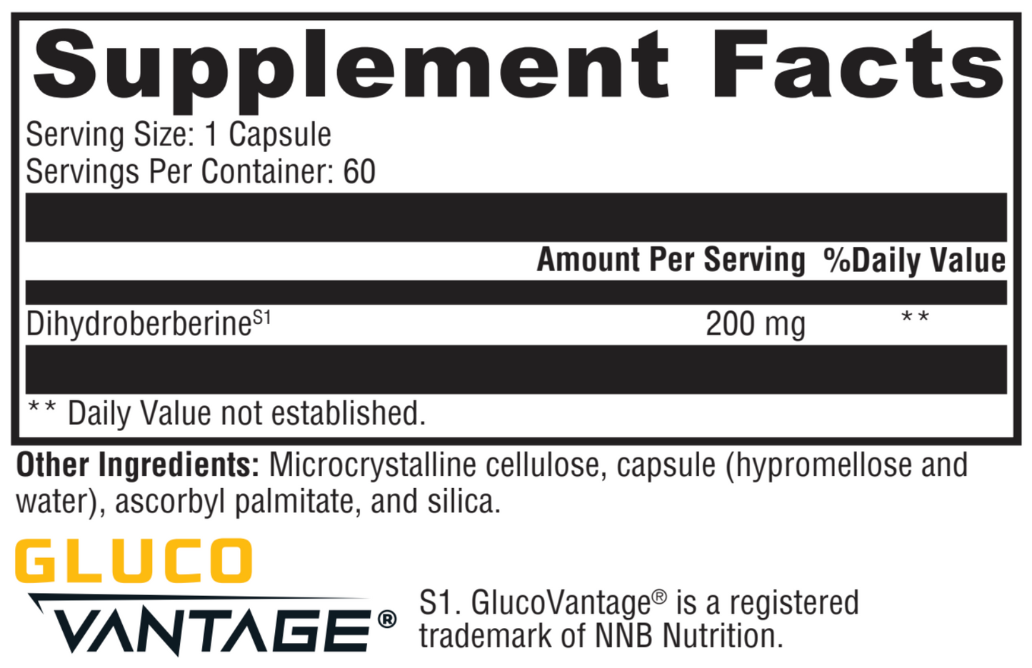 Supplement facts label for a product with 'GLUCO VANTAGE' branding.