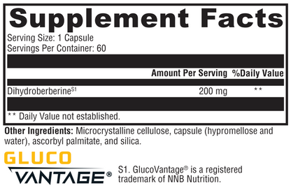 Supplement facts label for a product with 'GLUCO VANTAGE' branding.