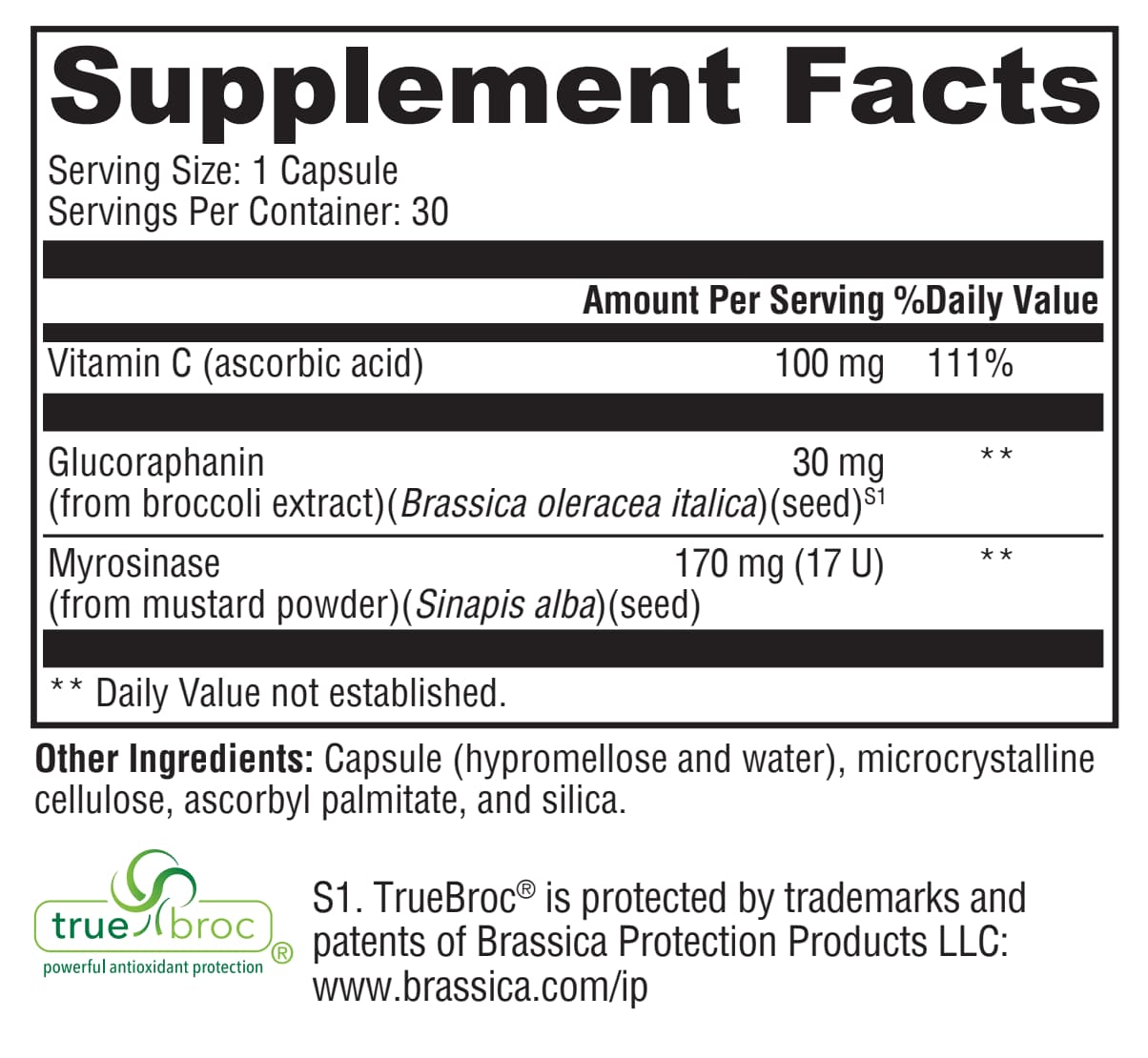 Supplement facts label for a product containing Vitamin C, Glucoraphanin, and Myrosinase with TrueBroc branding.