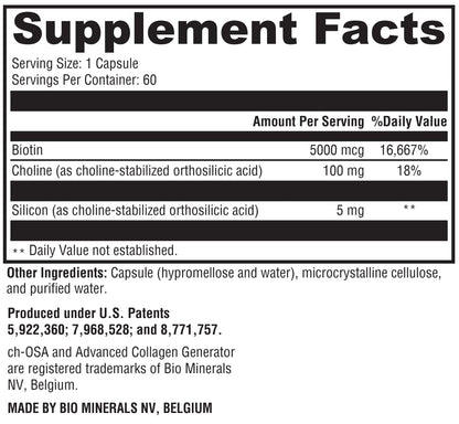 Supplement facts label with nutritional information and product details.