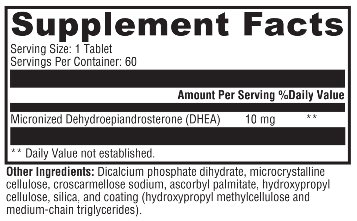 Supplement facts label for a DHEA supplement with black text on a white background.