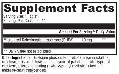 Supplement facts label for a DHEA supplement with black text on a white background.