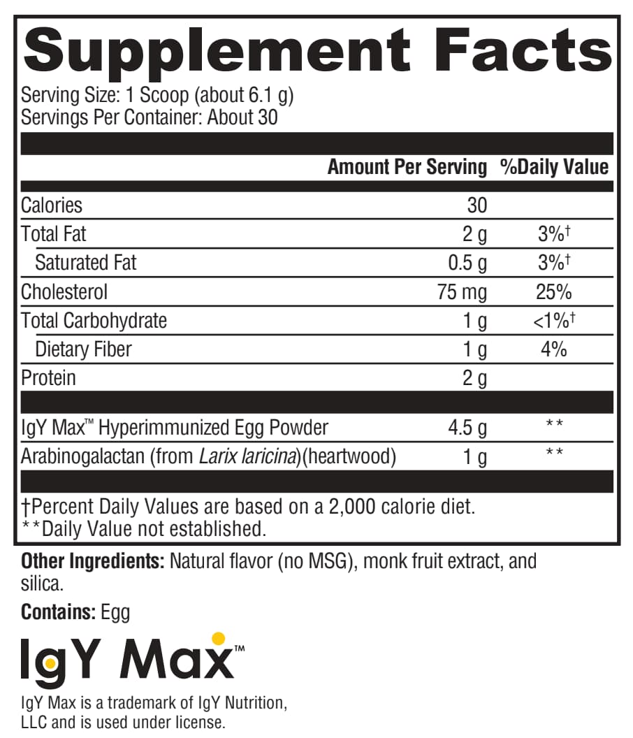 Supplement facts label for IgY Max hyperimmunized egg powder on a white background