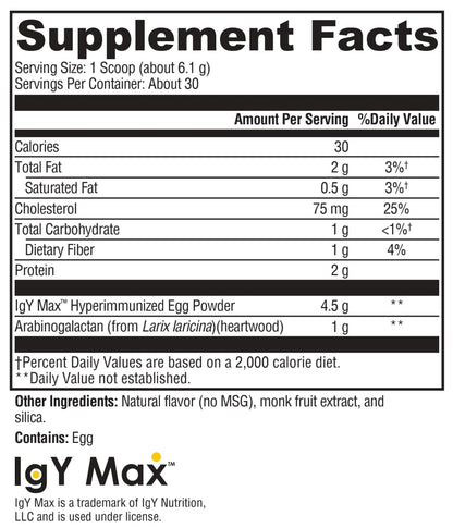 Supplement facts label for IgY Max hyperimmunized egg powder on a white background