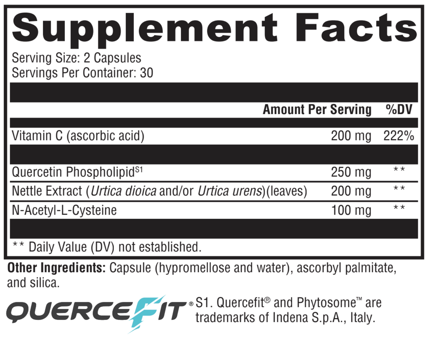Supplement facts label for Quercefit with vitamins and ingredients listed.