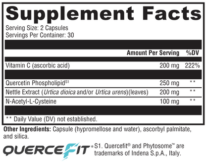 Supplement facts label for Quercefit with vitamins and ingredients listed.