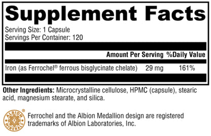 Supplement facts label with iron content and Albion Laboratories branding