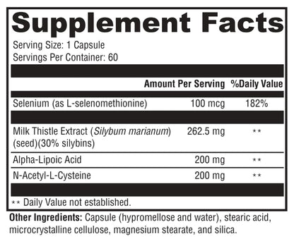 Supplement facts label with various nutrients and their amounts per serving.