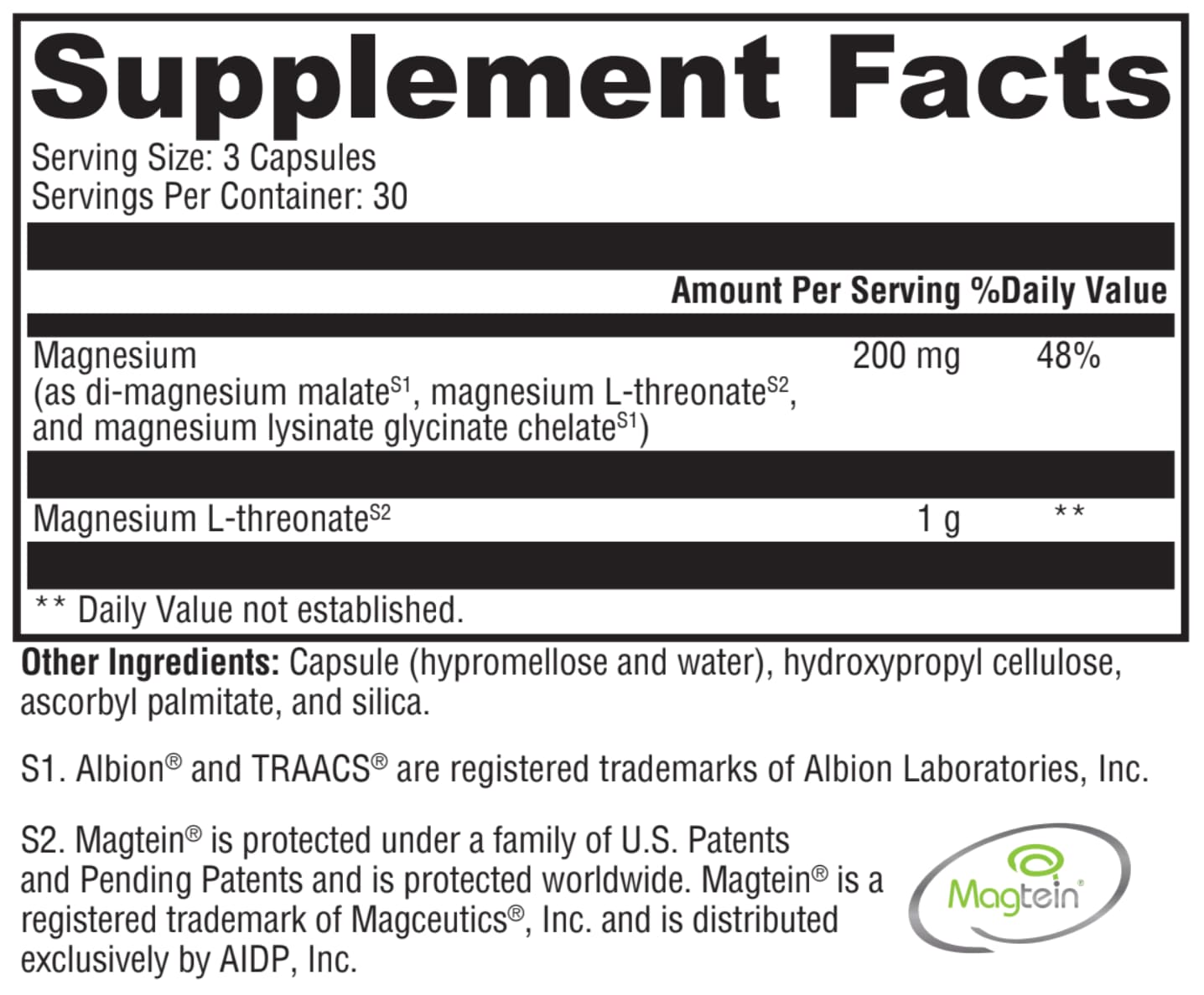 Supplement facts label with magnesium content and other ingredients on a white background
