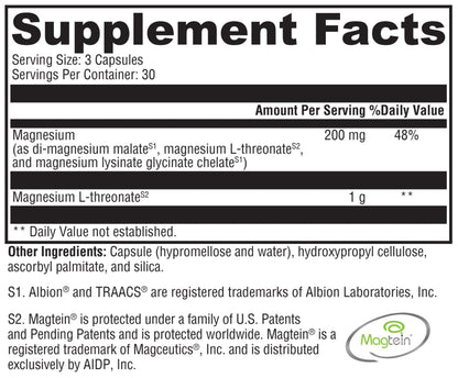 Supplement facts label with magnesium content and other ingredients on a white background