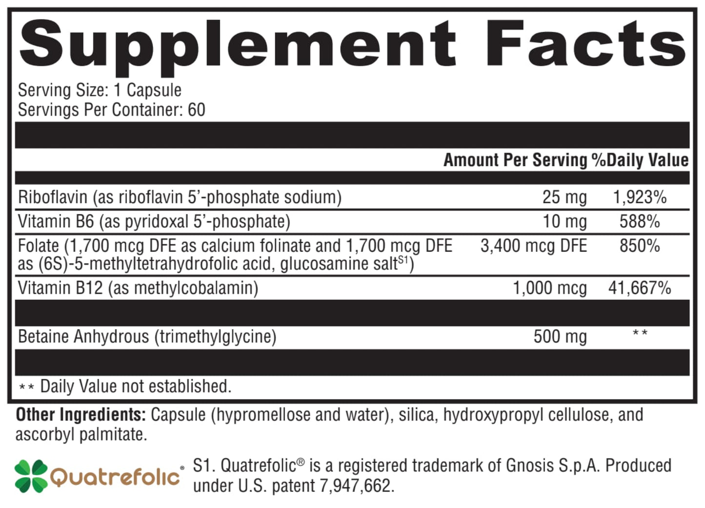 Supplement facts label with detailed nutritional information on a black background
