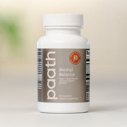 Supplement bottle labeled 'paath Methyl Balance' on a light background
