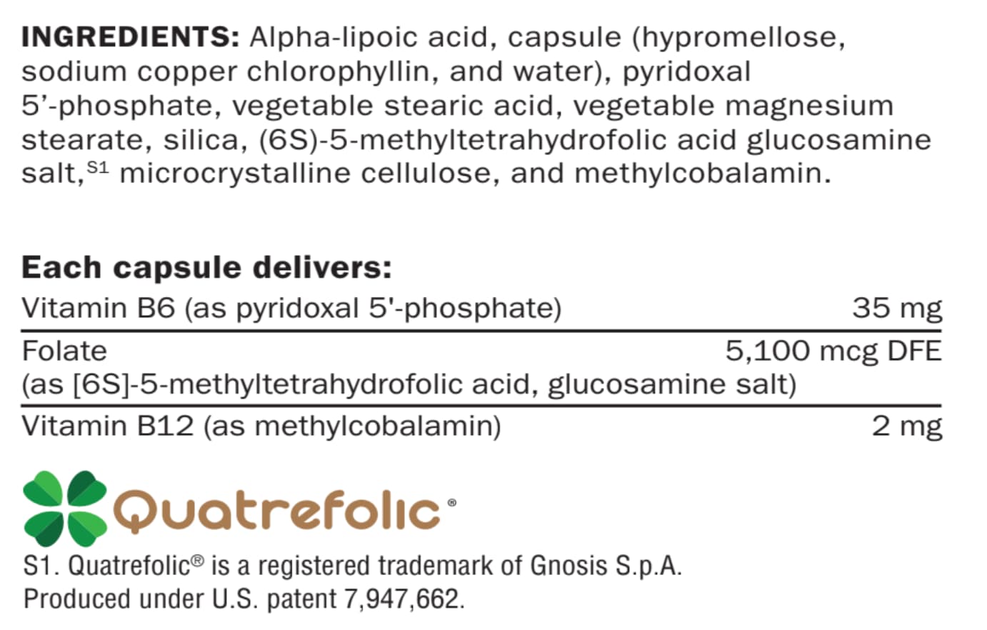 Ingredients list for a supplement capsule with Quatrefolic branding.