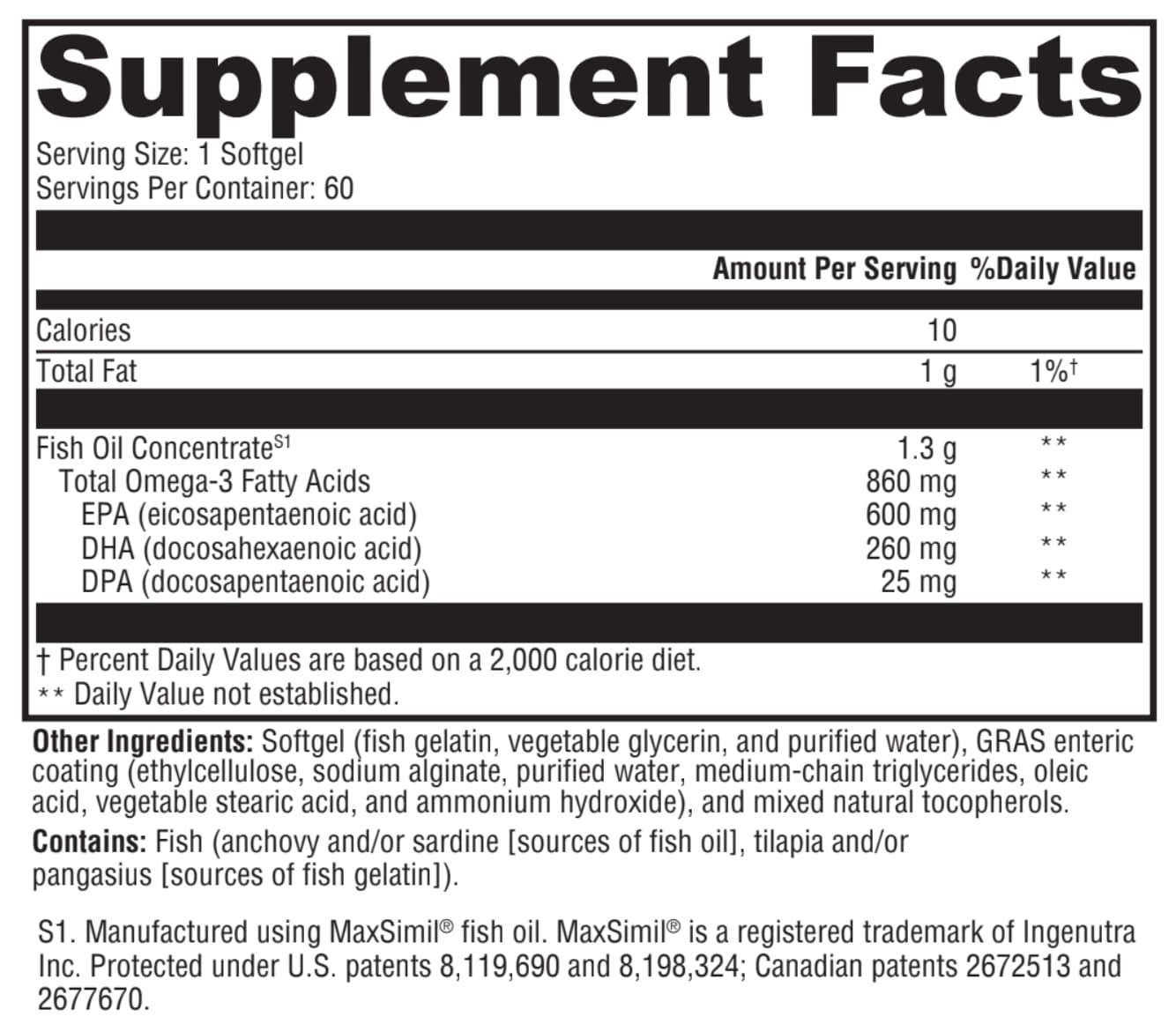 Supplement facts label for a fish oil supplement