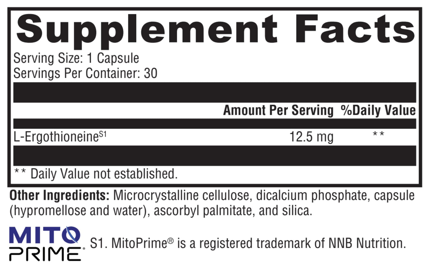 Supplement facts label with L-Ergothioneine content and MITO PRIME branding.