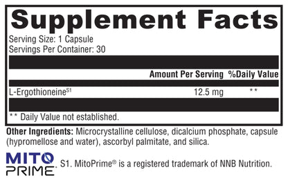 Supplement facts label with L-Ergothioneine content and MITO PRIME branding.