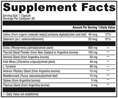 Supplement facts label with various ingredients and their amounts per serving