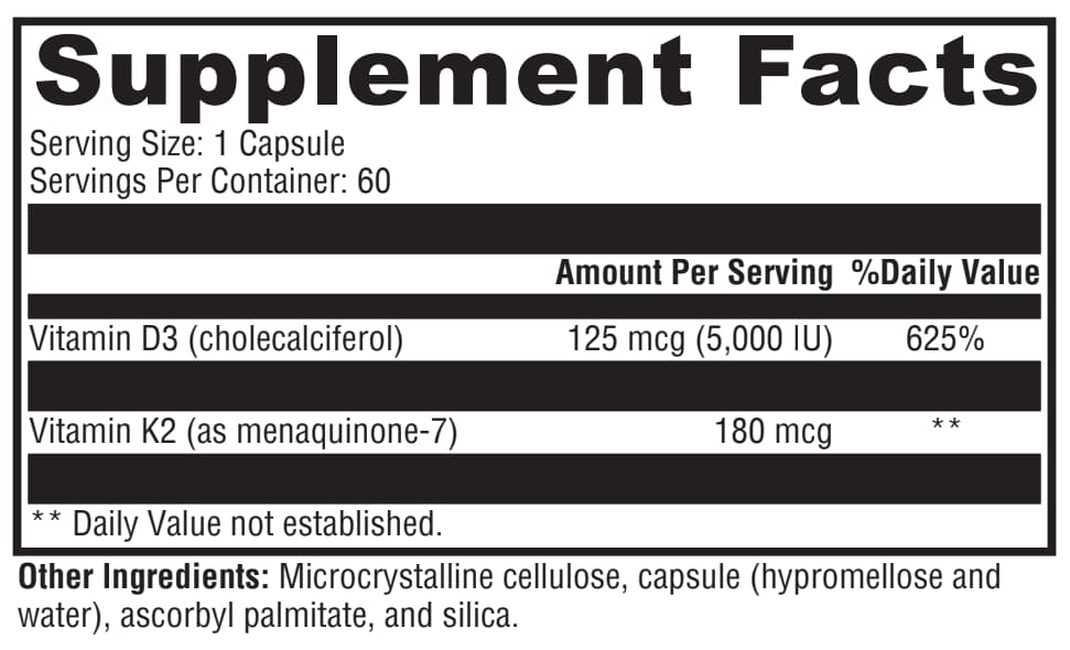 Supplement facts label with vitamins D3 and K2 on a black background