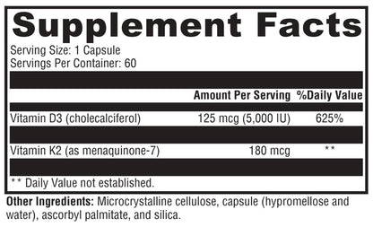 Supplement facts label with vitamins D3 and K2 on a black background