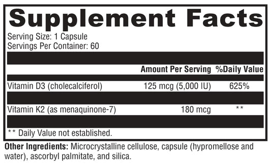 Supplement facts label with vitamins D3 and K2 on a black background
