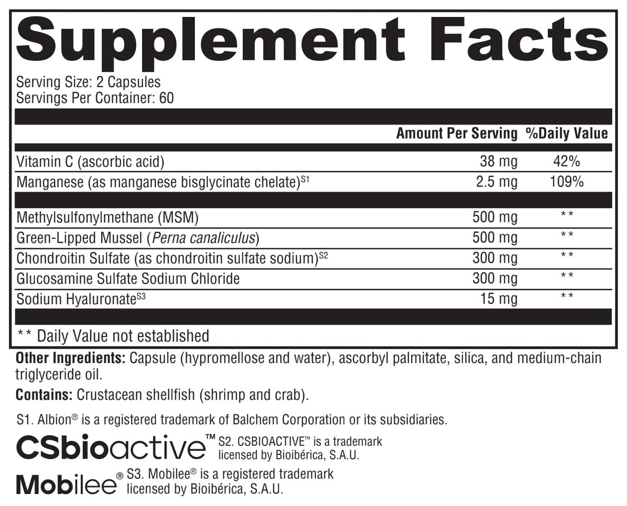 Supplement facts label with various nutrients listed on a white background