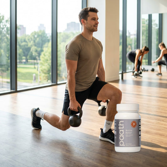 Man doing a lunge with a kettlebell beside Paath Active Relief