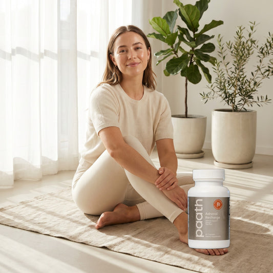 Woman sitting calmly in a sunlit room beside Paath Adrenal Recharge