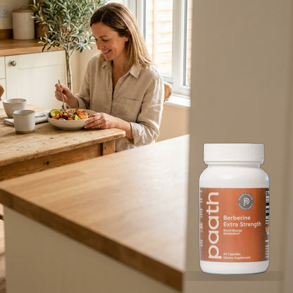 Woman enjoying a balanced colourful meal with Paath Berberine Extra Strength