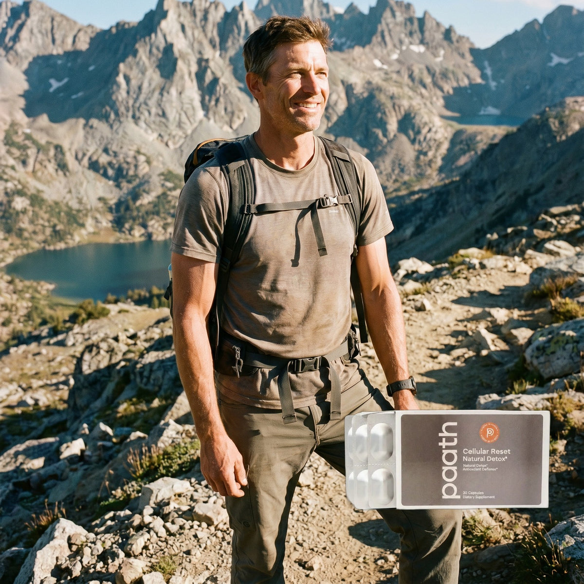 Hiker in the mountains beside Paath Cellular Reset