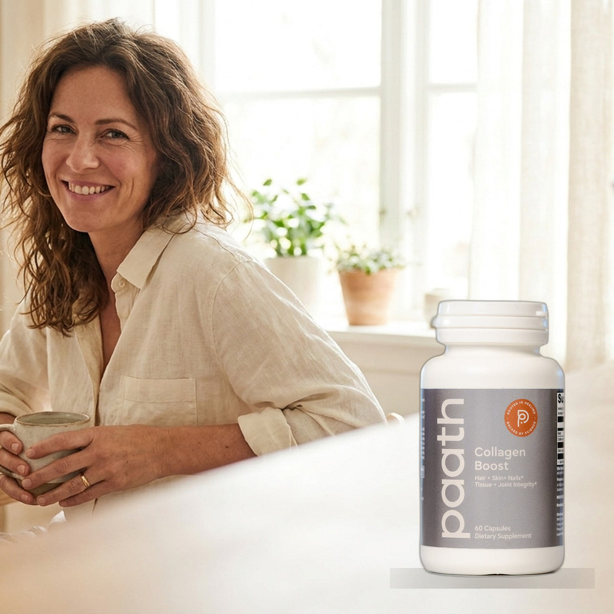 Woman with healthy glowing skin in soft daylight with Paath Collagen Boost