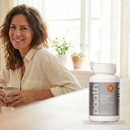Woman with healthy glowing skin in soft daylight with Paath Collagen Boost