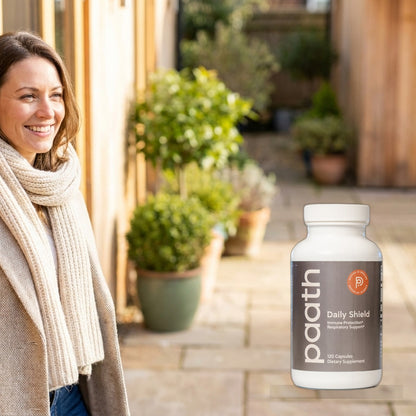 Healthy woman stepping outside in crisp bright daylight with Paath Daily Shield