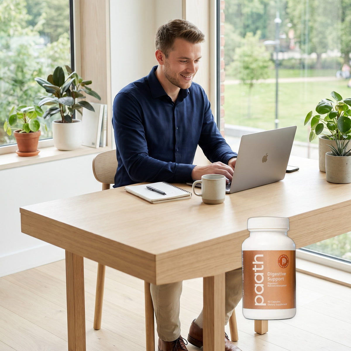Man working comfortably at a bright desk beside Paath Digestive Support