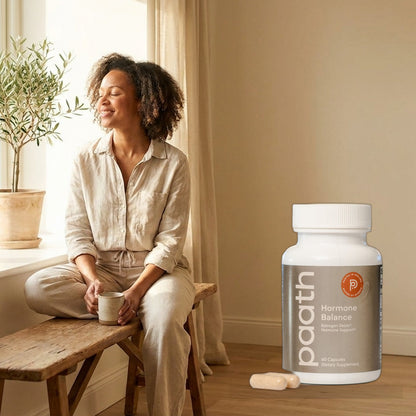 Woman calm and balanced by a bright window with Paath Hormone Balance