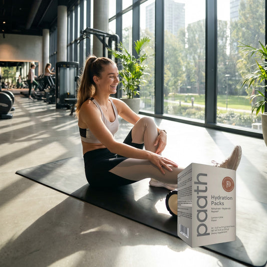 Woman stretching on a yoga mat beside Paath Hydration Packs