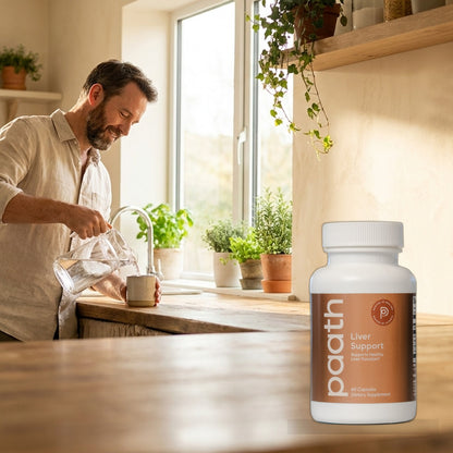 Man pouring water in a calm sunlit kitchen with Paath Liver Support