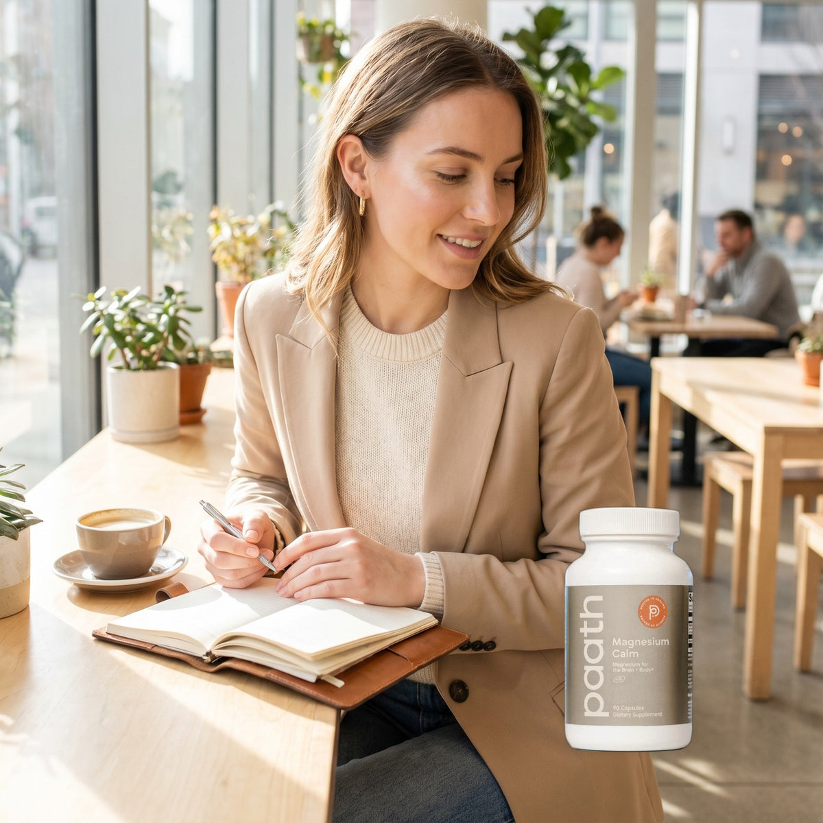 Woman journalling calmly with coffee beside Paath Magnesium Calm