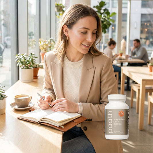 Woman journalling calmly with coffee beside Paath Magnesium Calm