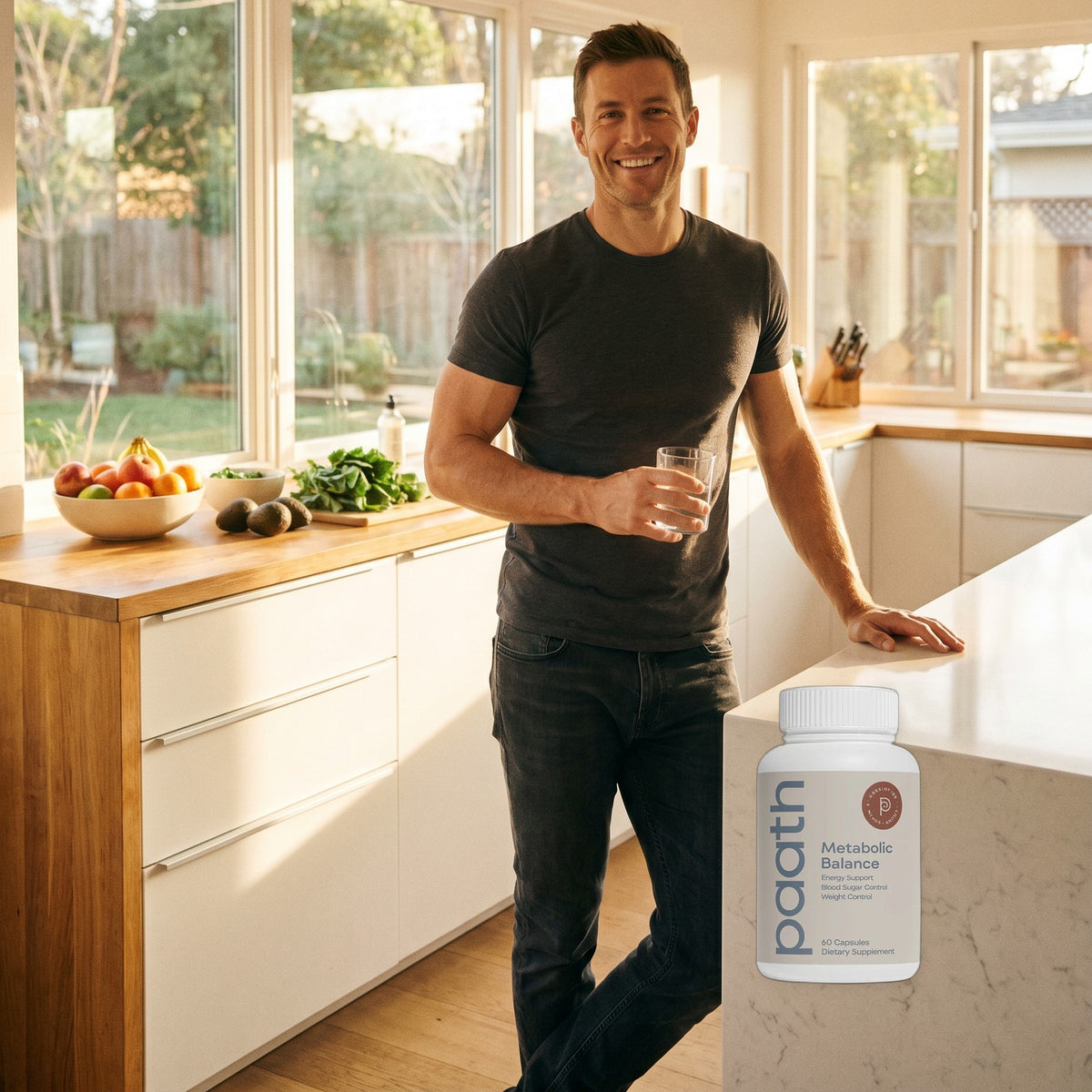 Man in a bright kitchen with fresh food beside Paath Metabolic Balance