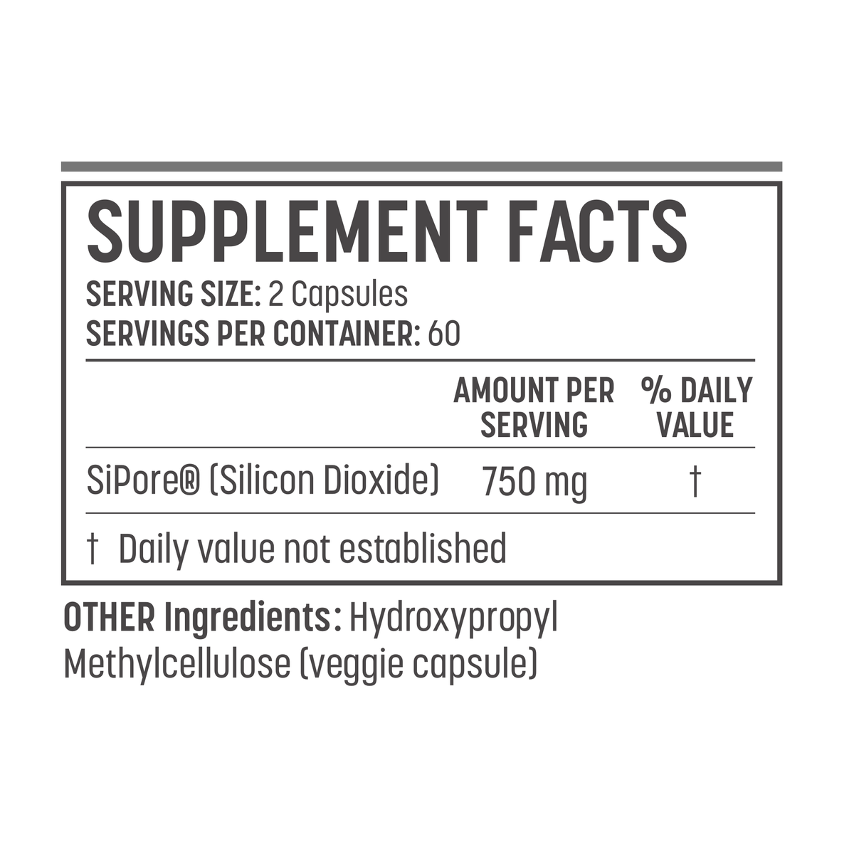 Metabolic Balance Supplement Facts — SiPore silicon dioxide 750 mg per 2-capsule serving, 60 servings per container