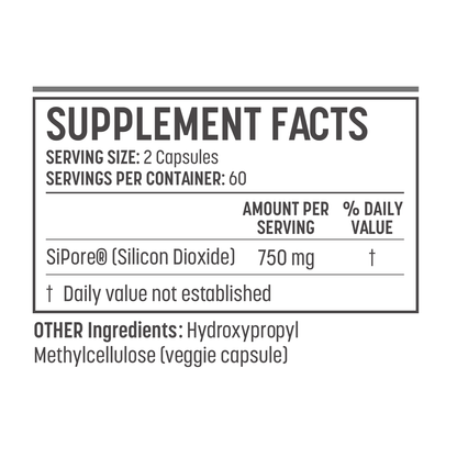 Metabolic Balance Supplement Facts — SiPore silicon dioxide 750 mg per 2-capsule serving, 60 servings per container