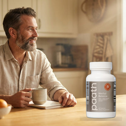 Man clear-headed at a sunlit kitchen table with Paath Methyl Balance